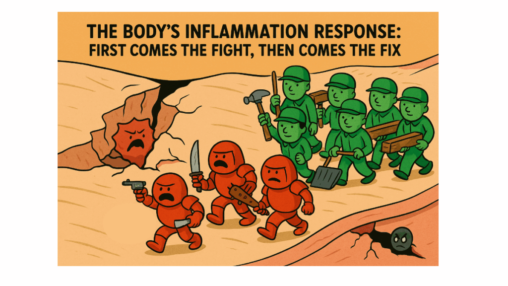 Cartoon illustration showing fascia healing response—red immune cells with weapons and green repair cells with tools working together inside the body
