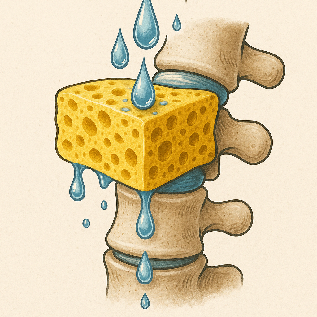disc hydration ELDOA. Illustration of a yellow sponge between two vertebrae with water droplets rehydrating the spine — metaphor for disc hydration through ELDOA and TV Stretching.