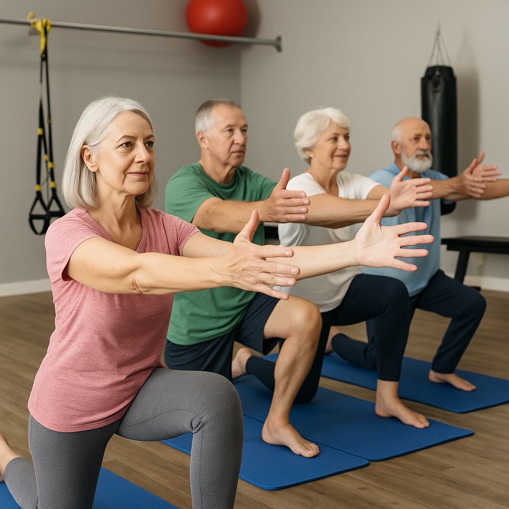 60 year olds doing iliopsoas Myofascial Stretch for preventive training for long-term health