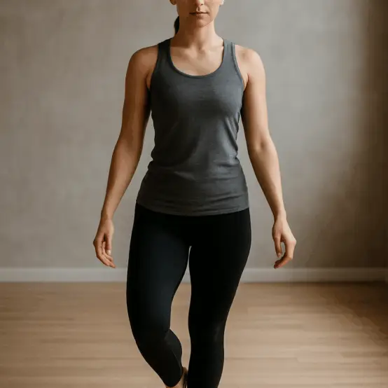 Young woman practicing intentional movement in a bright studio, highlighting body awareness and fascia-focused control