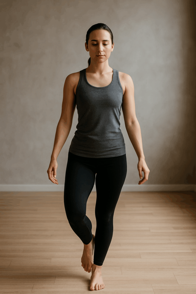 Young woman practicing intentional movement in a bright studio, highlighting body awareness and fascia-focused control