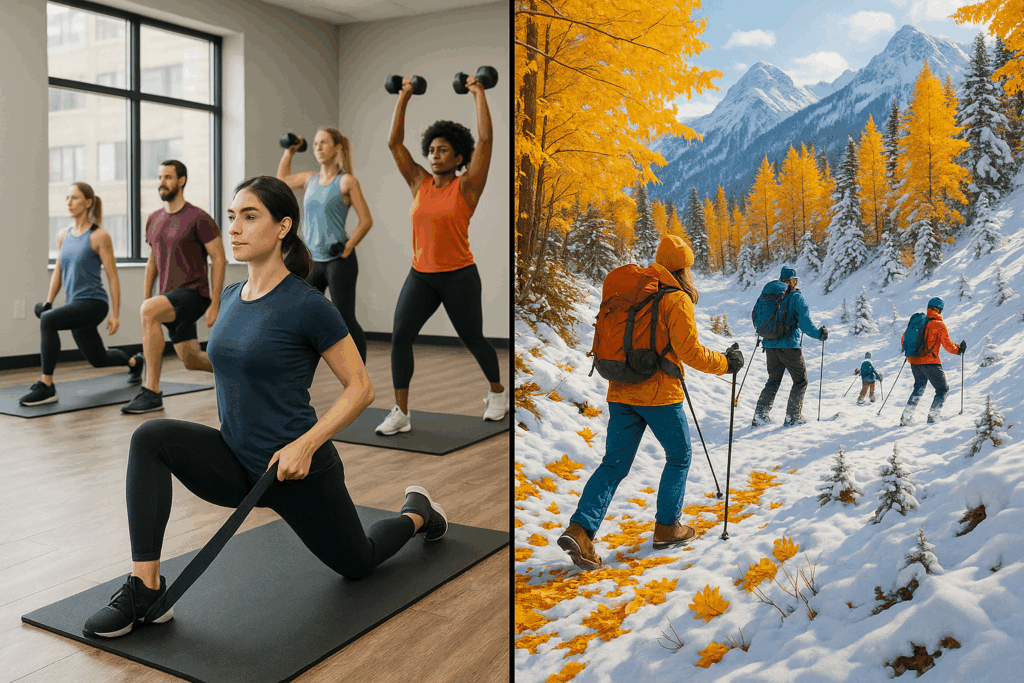 Adults working out in a fitness studio and then in fall and winter activities for Labor Day fitness routine