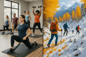 Adults working out in a fitness studio and then in fall and winter activities for Labor Day fitness routine