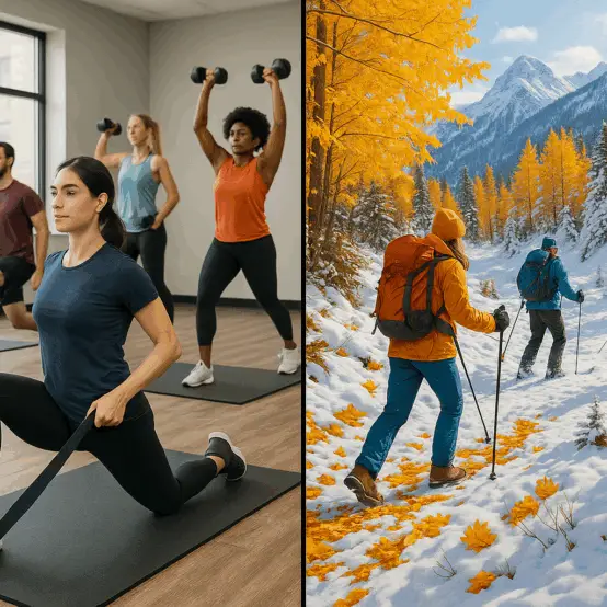 Adults working out in a fitness studio and then in fall and winter activities for Labor Day fitness routine