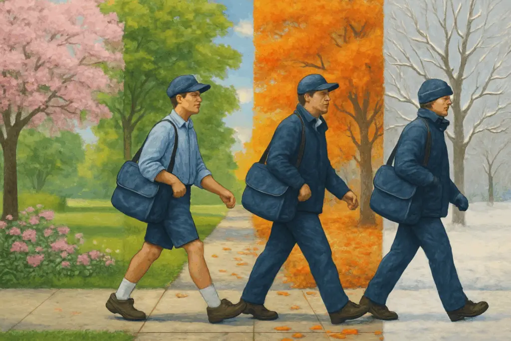 U.S. postal worker delivering mail in all weather, postal motto, resilience