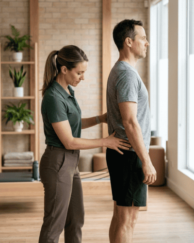 Person demonstrating a corrective core exercise for chronic back pain relief